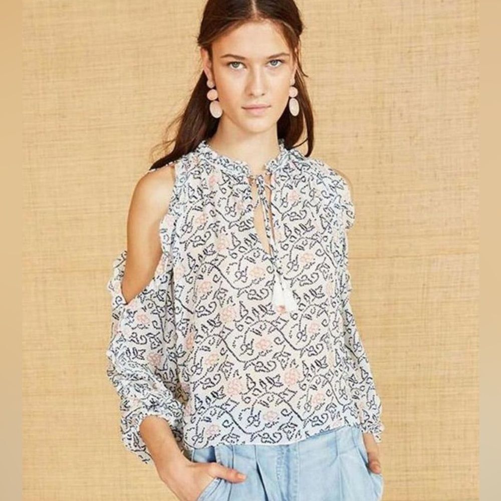 Ulla Johnson Dunia Silk Chiffon Top in Blanc White Pink Cold Shoulder V-Neck 0